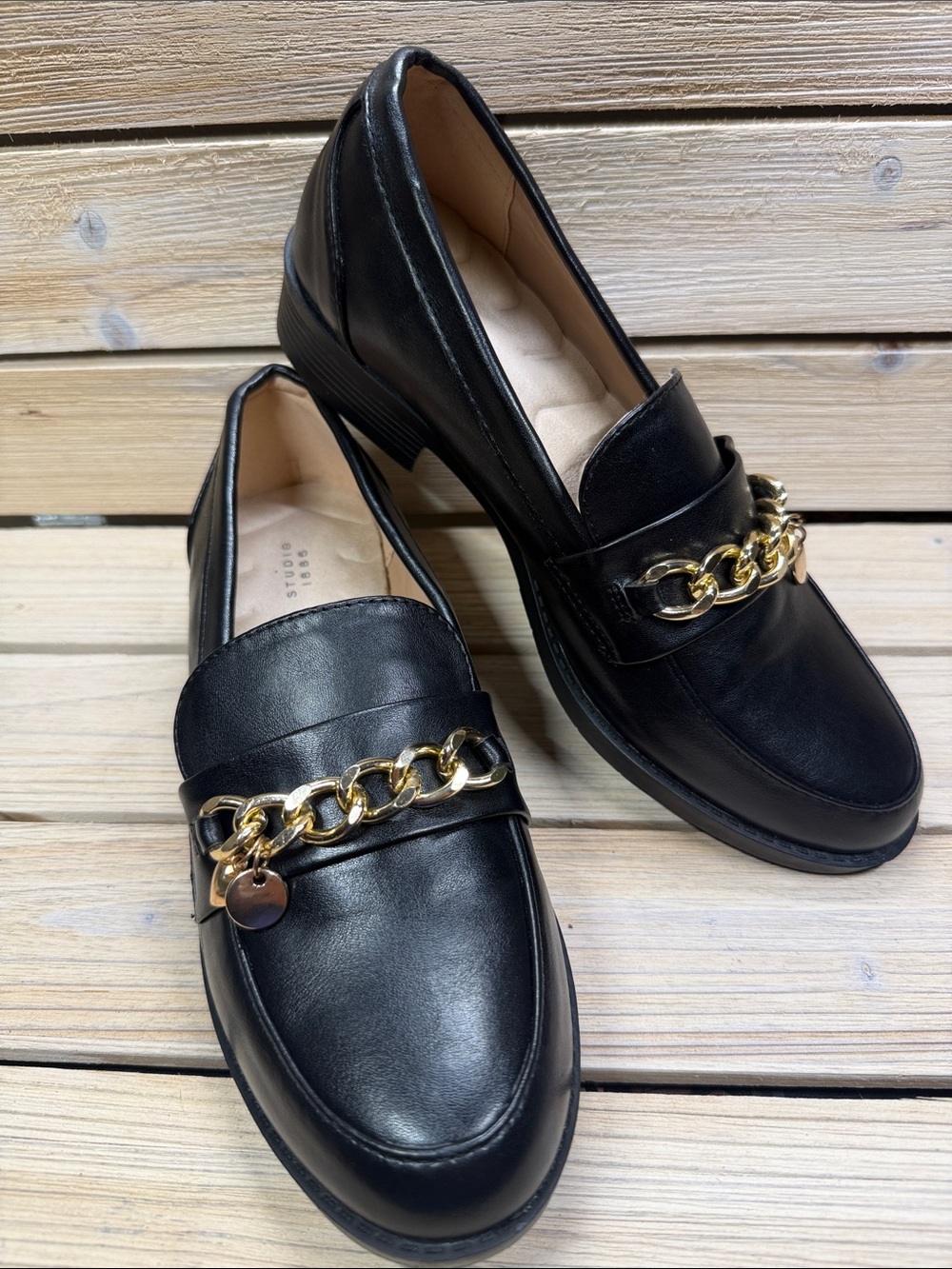 Studio 1886 Black Leather Chain Loafers with Gold Accent